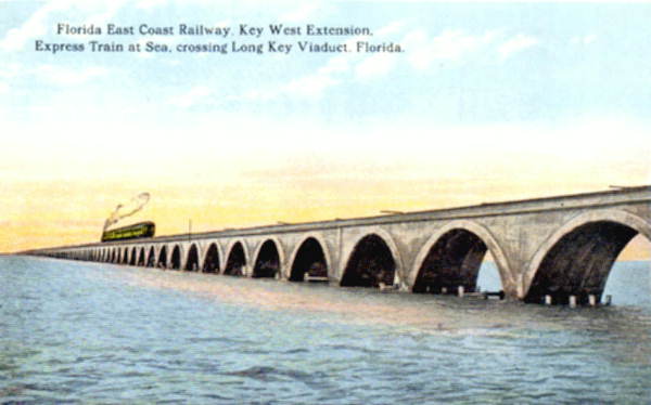 A Florida East Coast Railway express train crossing the Long Key Viaduct between 1912 and 1935