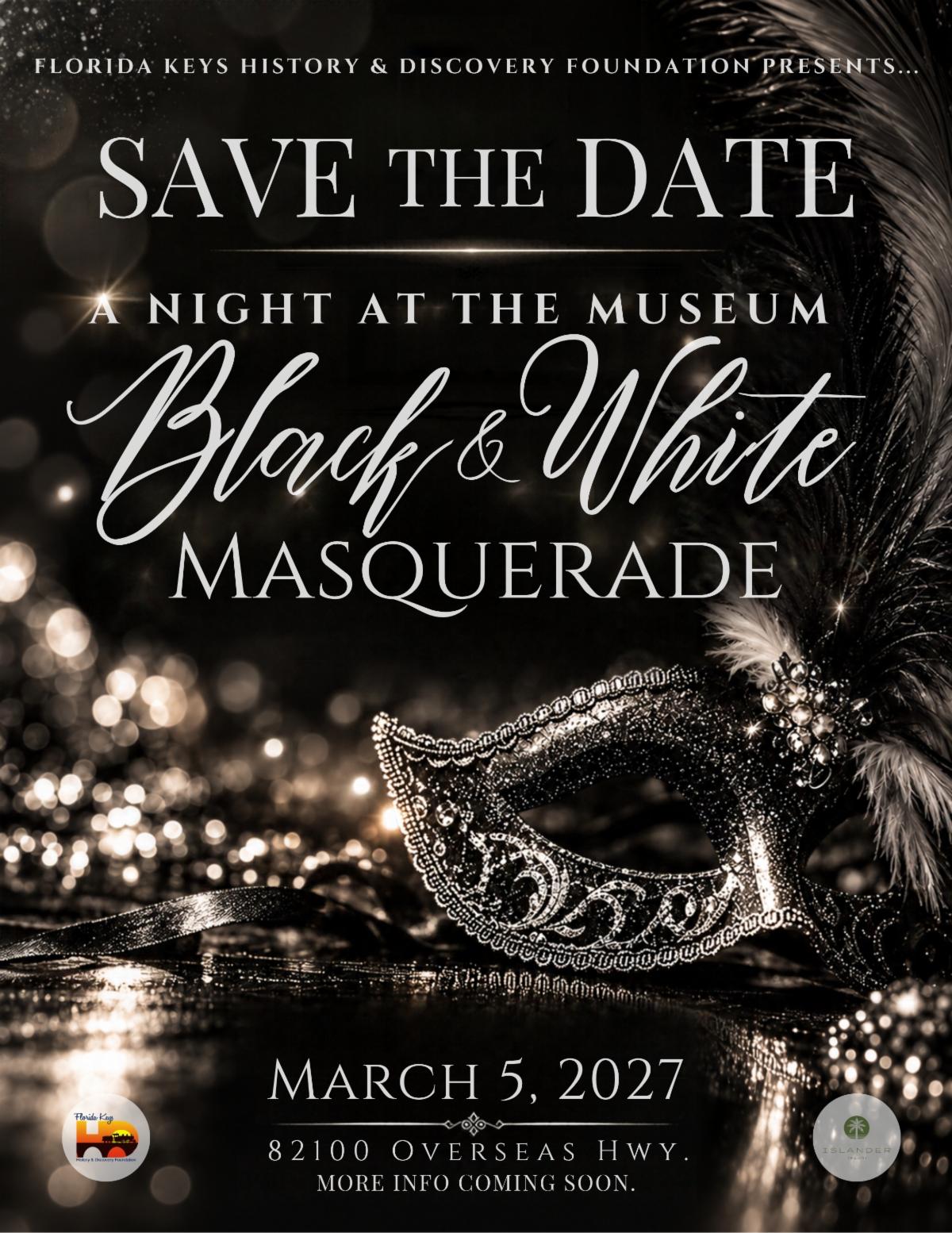 Save the date flyer for A Night at the Museum: Black & White Masquerade — a jeweled black masquerade mask with feathers on a glittering dark background