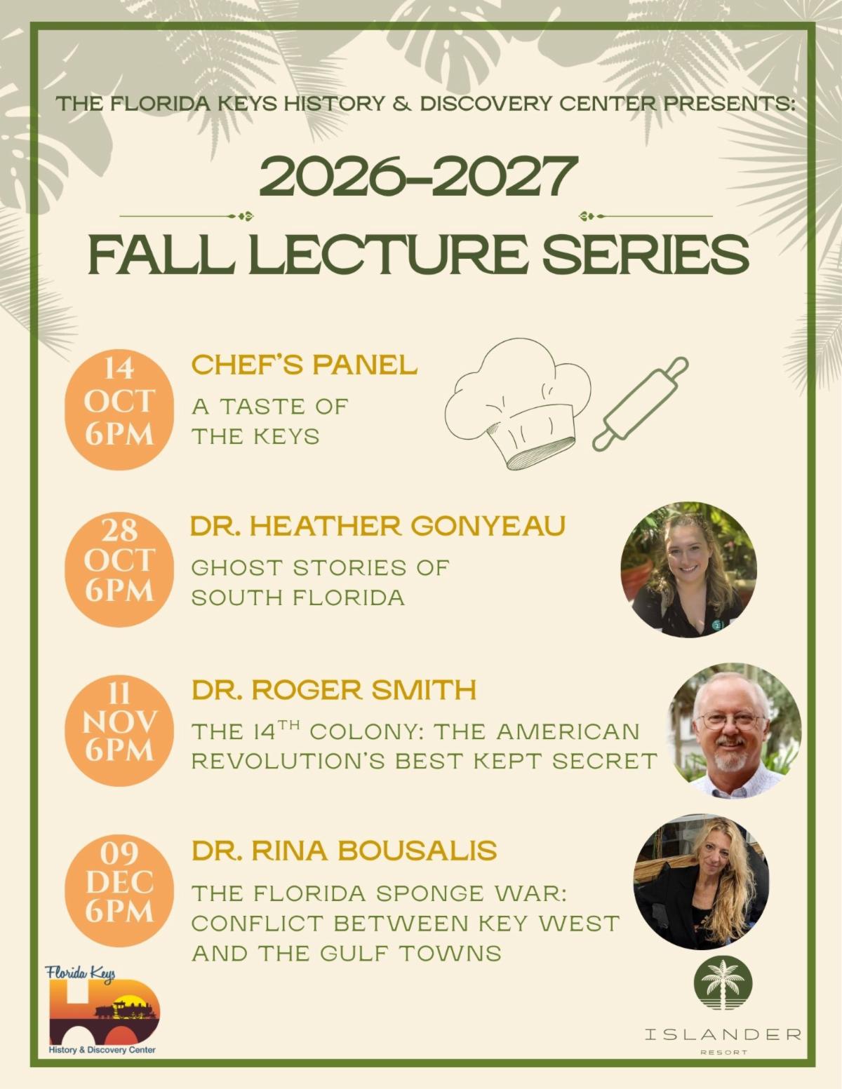 Flyer for the 2026–2027 Fall Lecture Series: Chef's Panel on October 14, Dr. Heather Gonyeau on October 28, Dr. Roger Smith on November 11, and Dr. Rina Bousalis on December 9, all at 6 PM