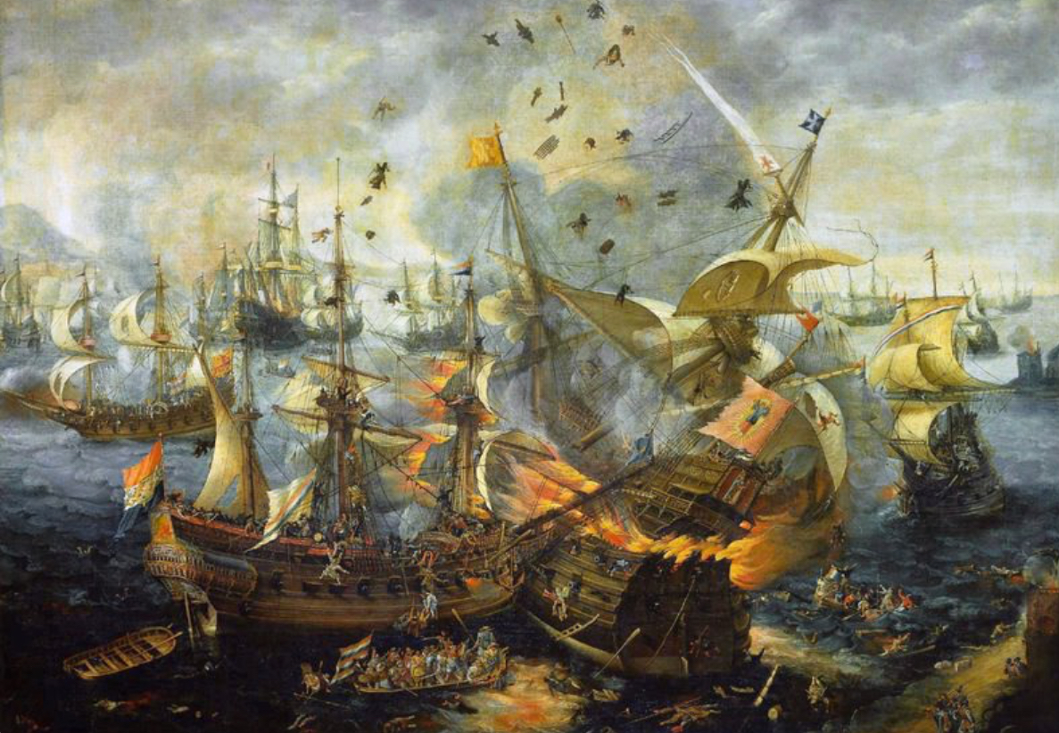 Seventeenth-century oil painting of a naval battle: a Spanish galleon engulfed in flames and smoke beside a Dutch warship, wreckage and survivors in the water while other ships trade cannon fire under gunsmoke