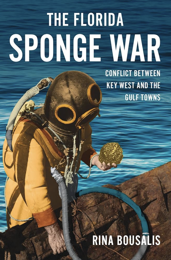 Book cover of The Florida Sponge War by Rina Bousalis: a sponge diver in a brass helmet and yellow canvas suit holds a natural sea sponge aboard a wooden boat, over blue water