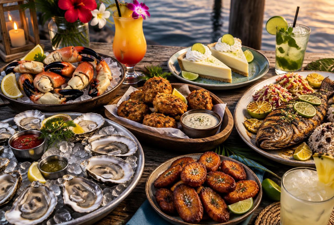 A Caribbean and Florida Keys seafood spread with stone crab claws, oysters, conch fritters, grilled fish and key lime pie