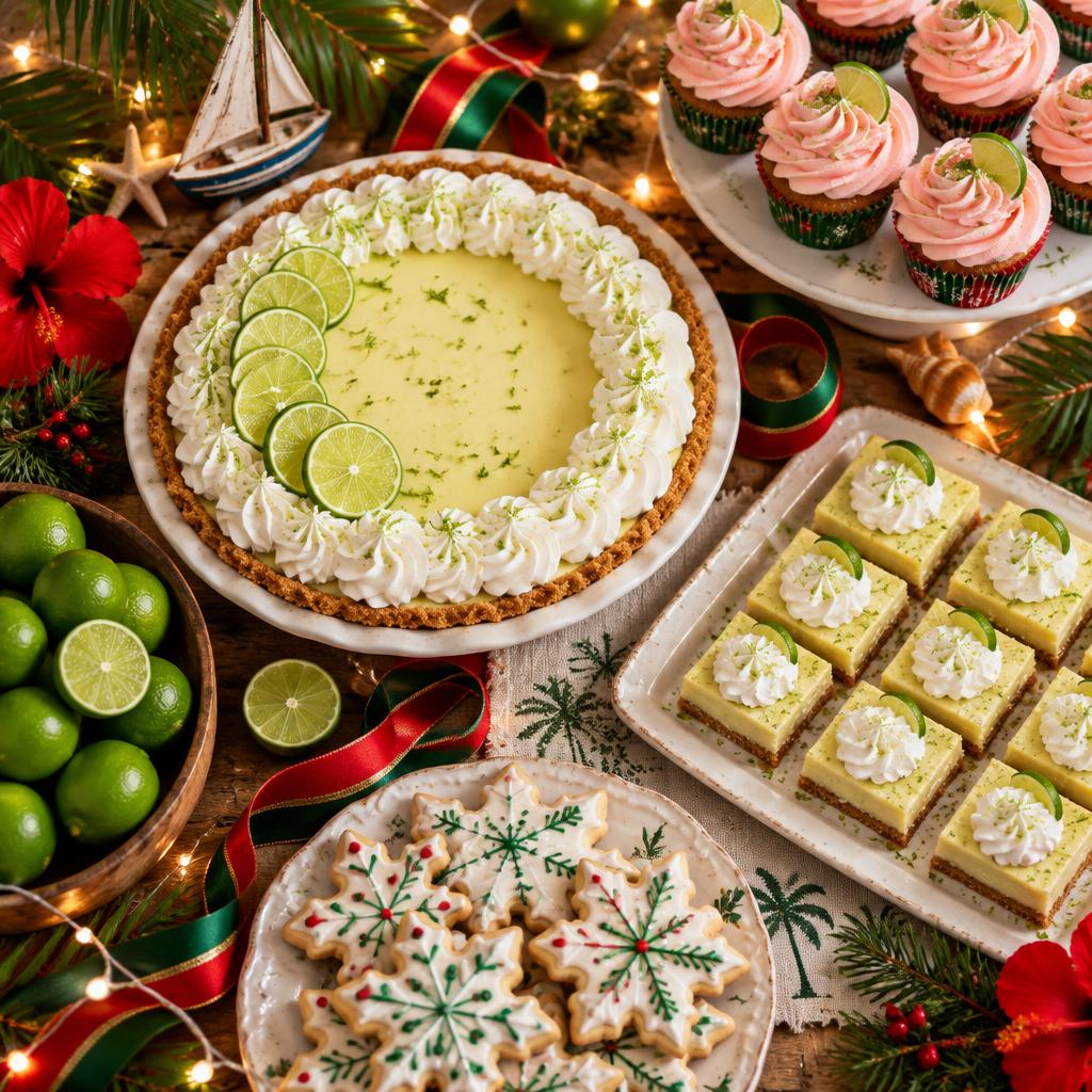 A festive holiday dessert table with key lime pie, key lime bars, pink-frosted cupcakes, and snowflake sugar cookies
