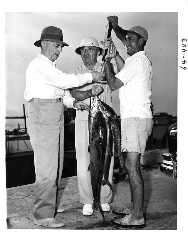 President Truman in a pith helmet on a dock with two other men holding up a large fish between them