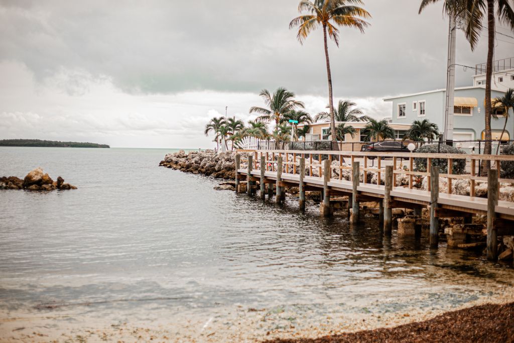 Coastal view with palm trees and a boardwalk by the sea in the Upper Keys